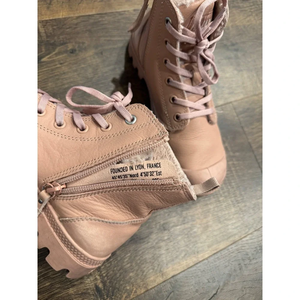 Palladium Boots Leather Fur Lined Ankle‎ Booties Lace Up Pink